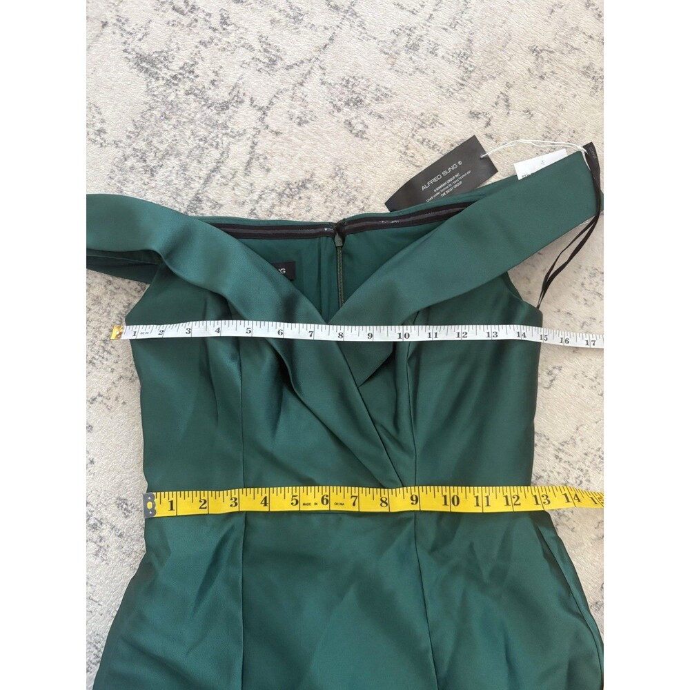 Alfred Sung Off-the-Shoulder Cuff Trumpet Gown Hunter Green Satin Size 2 D760 - Picture 5 of 9
